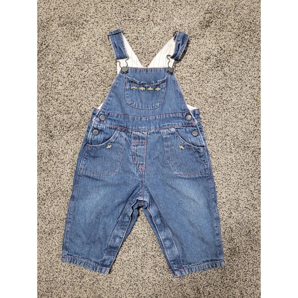 VTG Y2K OshKosh Denim Overalls Baby Girl 9M Blue Rosette Ruffle Snap 100% Cotton